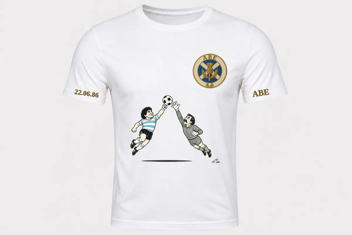 Hand of God tee, front, with gold sleeve marks