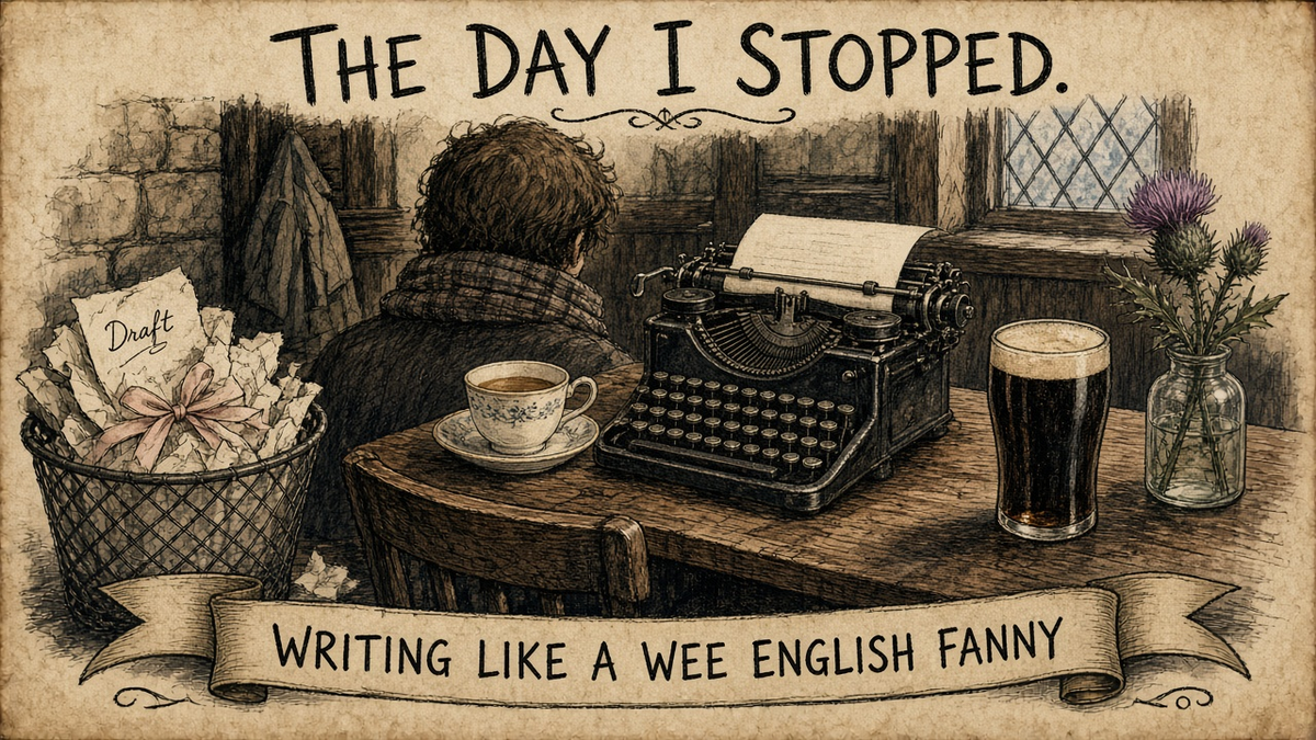 Jim pen-and-ink plate: a writer seen from behind at a typewriter in a pub, ditching prim, ribboned drafts for a pint and a thistle. 'The day I stopped writing like a wee English fanny'.