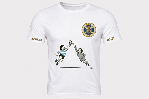 Hand of God tee front with sleeve marks