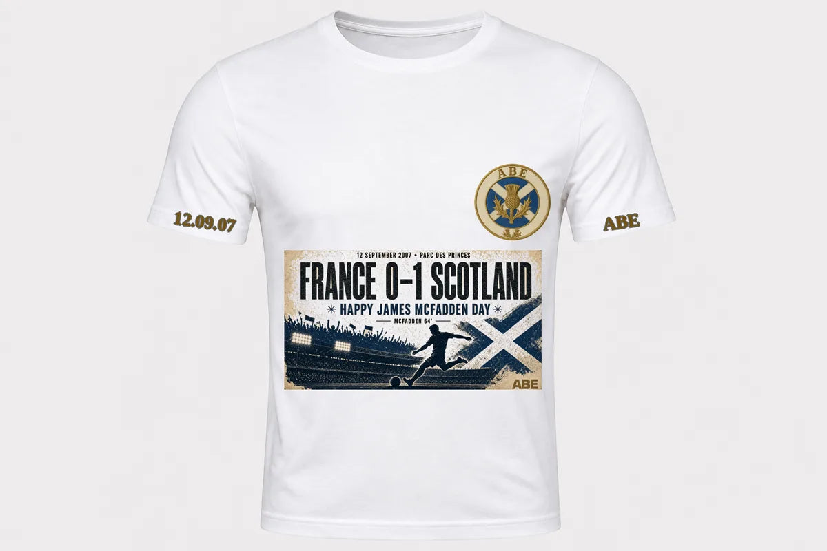 McFadden tee, front: France 0-1 Scotland strike art, gold sleeve marks
