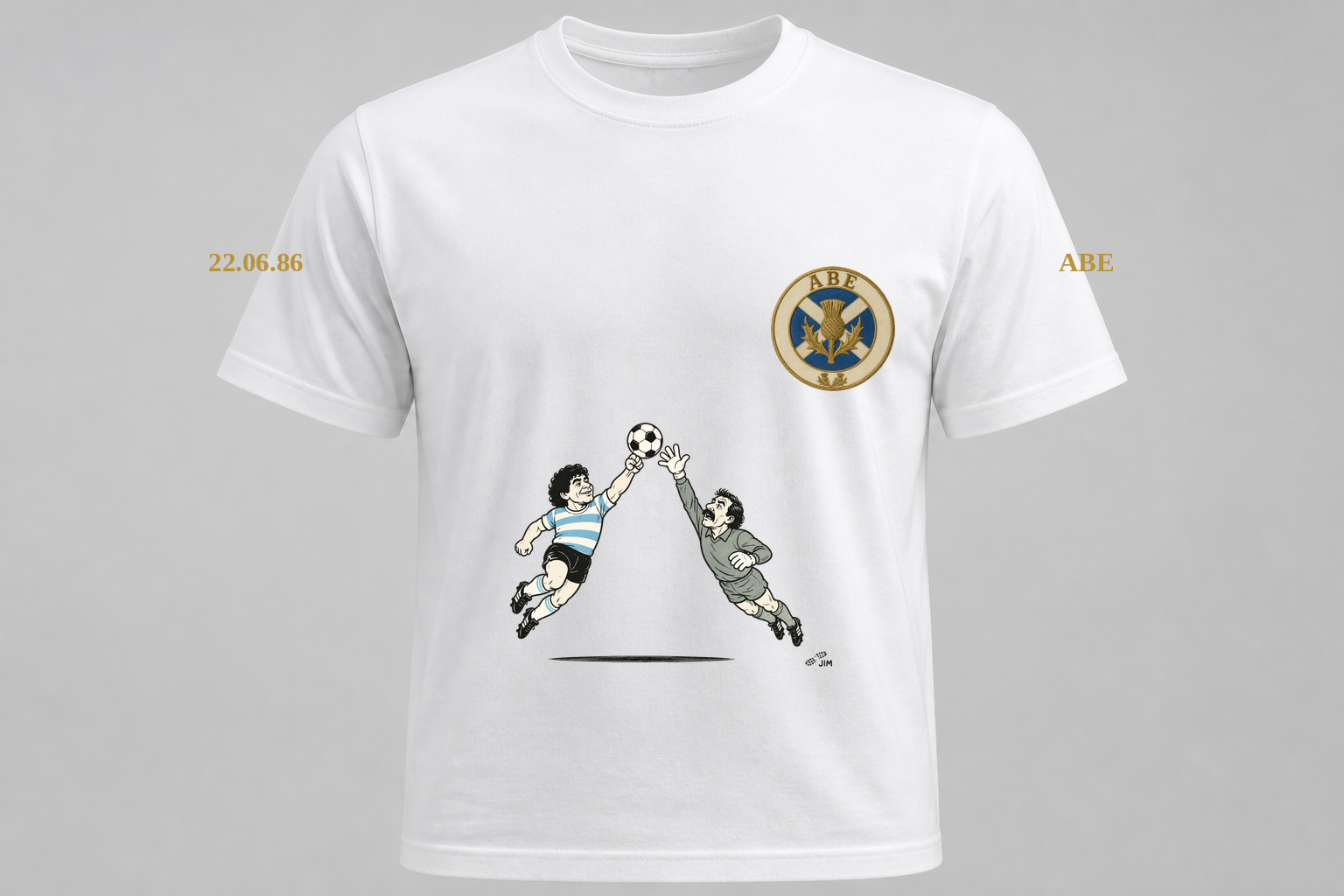 Hand of God tee, front — crest 09 left chest, sleeves